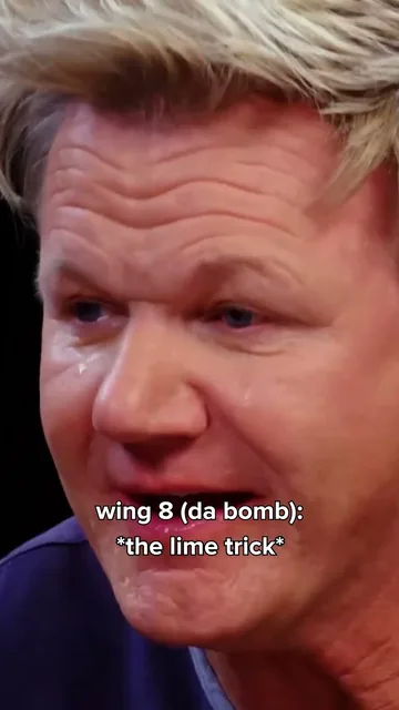 A Hot Ones short of Gordon Ramsay reacting to a hot wing